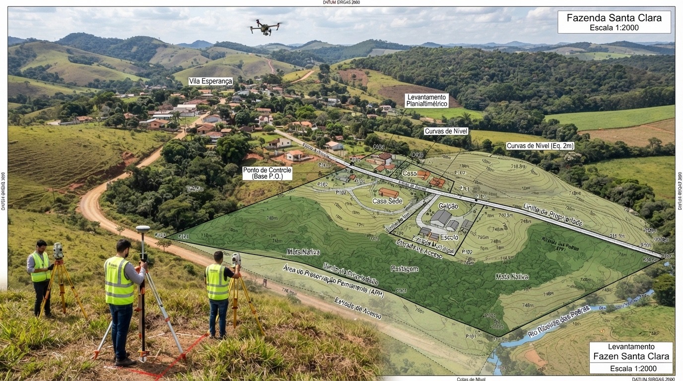 Levantamento planialtimétrico de fazenda com curvas de nível